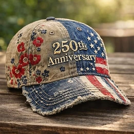 Vintage Floral & Flag Embroidered Baseball Cap, 250th Anniversary Casual Distressed Hat
