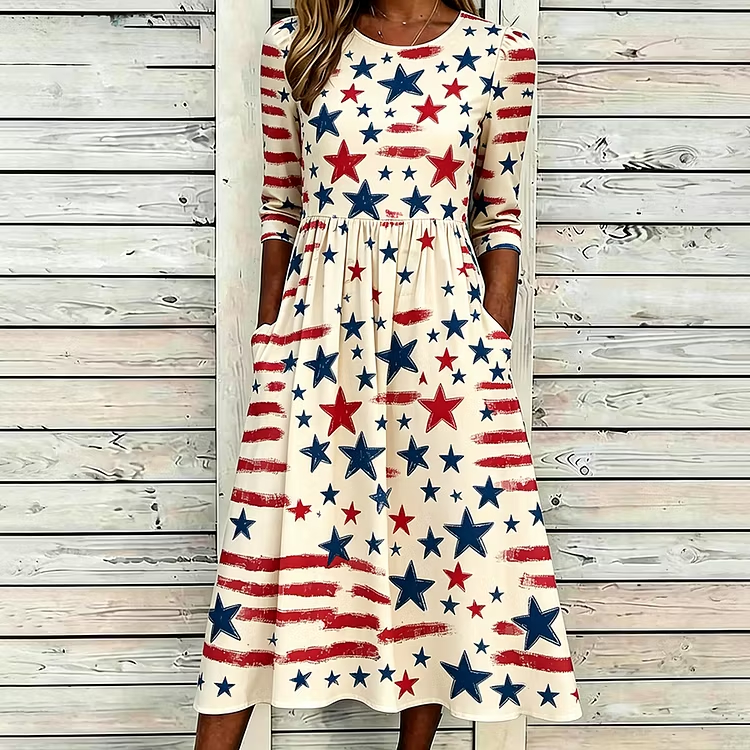 Ladies Casual Flowy Patriotic Print Midi Dress with Side Pockets