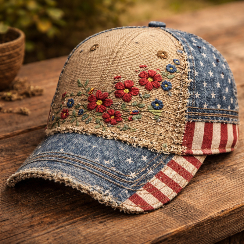 Retro Country Spliced Burlap Denim Floral Embroidery Outdoor Baseball Cap
