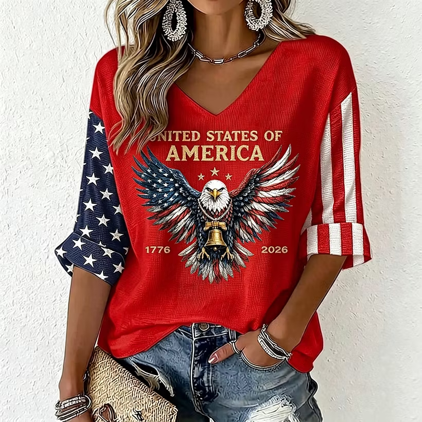 Retro Split Star Stripes Sleeve Bald Eagle Graphic V Neck Ladies Top