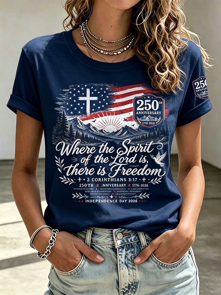 Retro Mountain Dove Cross Patriotic 1776-2026 Short Sleeve Top with Sleeve Patch Detail