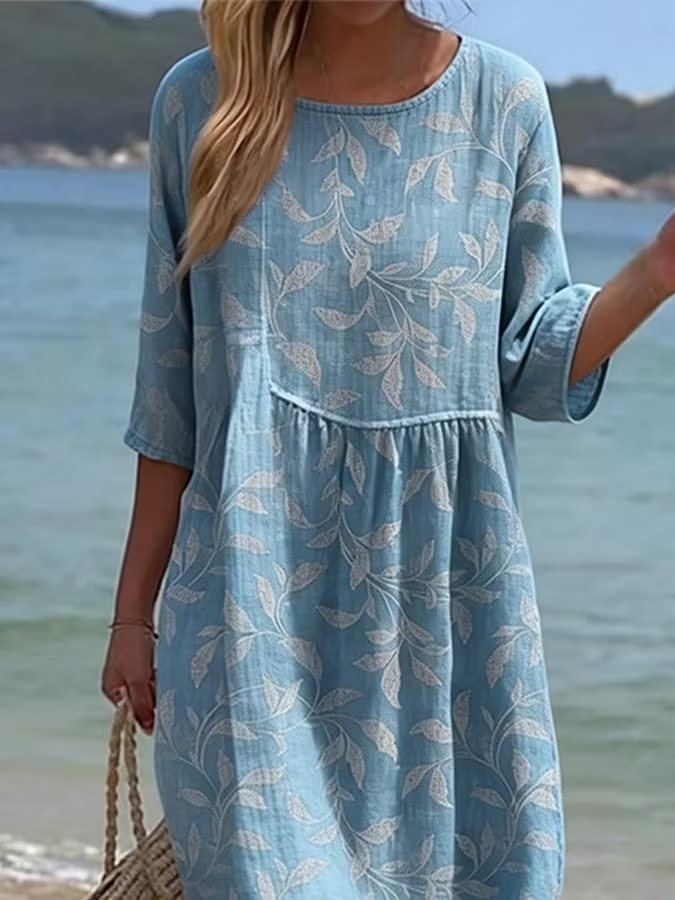 Casual Oversized Round Neck Leaf Pattern Vacation Sundress For Ladies