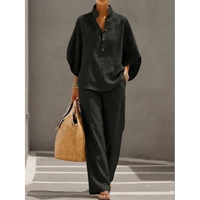 Ladies Oversized Batwing Sleeve Linen Top & Pocket Wide Leg Pants, Daily Wear Matching Outfit Set