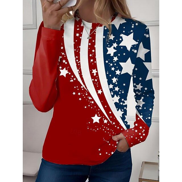 Vintage Distressed American Flag Style Print Women's Long Sleeve Crew Neck T-Shirt For Everyday Wear