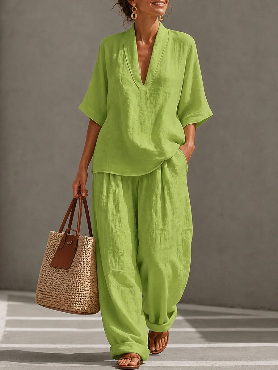 Ladies Oversized Batwing Sleeve Linen Top & Pocket Wide Leg Pants, Daily Wear Matching Outfit Set