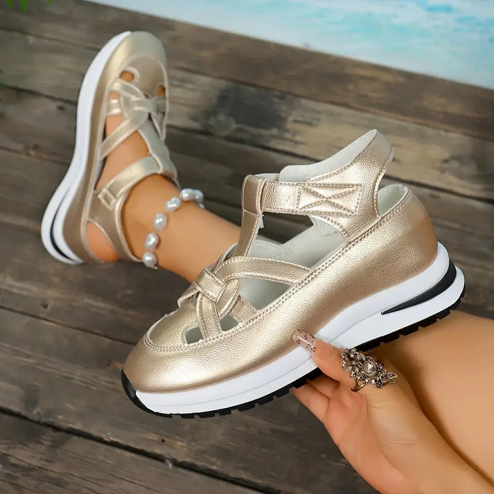 Closed Toe Hollow Breathable Adjustable Hook Loop Wedge Casual Sneaker Sandals