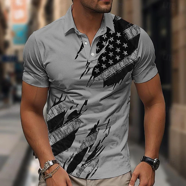 Men's Patriotic American Flag Print Short Sleeve Polo Shirt for Independence Day