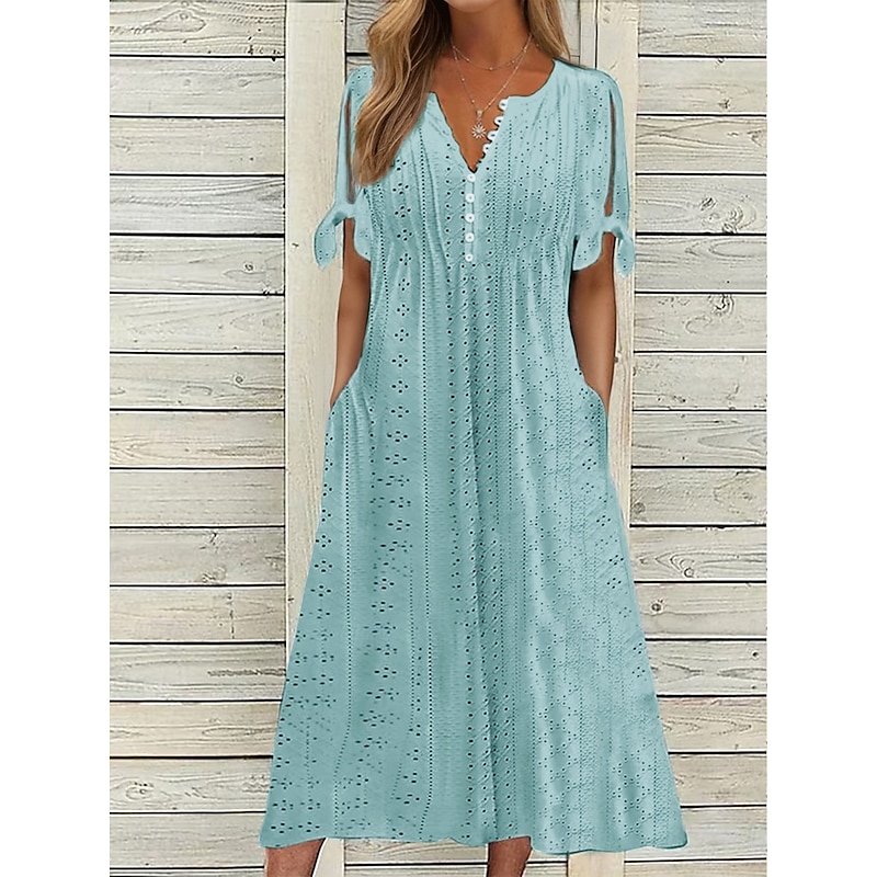 Cottagecore Hollow Out Embroidery Swing Dress, Lightweight Breathable Resort Fashion Dress