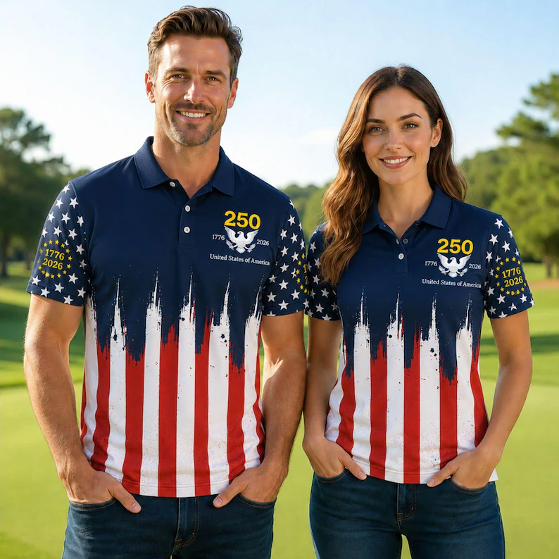 Men’s & Women’s Patriotic American Flag Polo Shirt, 1776-2026 250th Anniversary Casual Golf Shirt