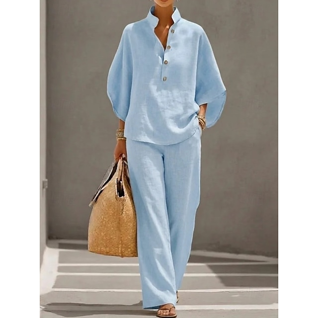 Ladies Oversized Batwing Sleeve Linen Top & Pocket Wide Leg Pants, Daily Wear Matching Outfit Set