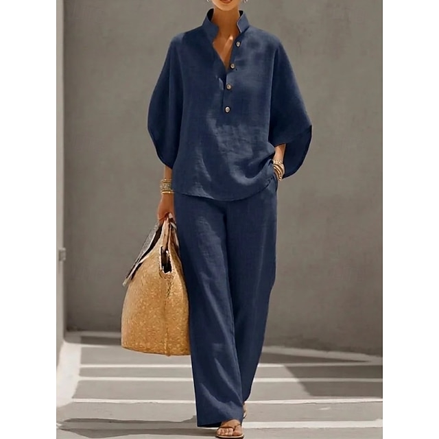 Ladies Oversized Batwing Sleeve Linen Top & Pocket Wide Leg Pants, Daily Wear Matching Outfit Set
