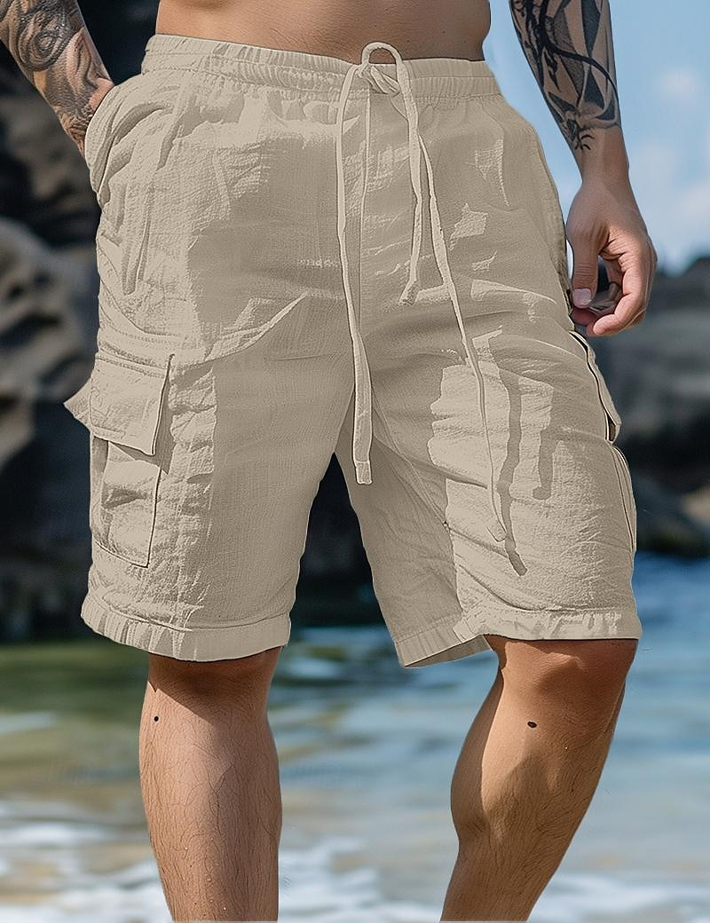Lightweight Rolled Hem Knee Length Men Beach Cargo Shorts with Side Poc