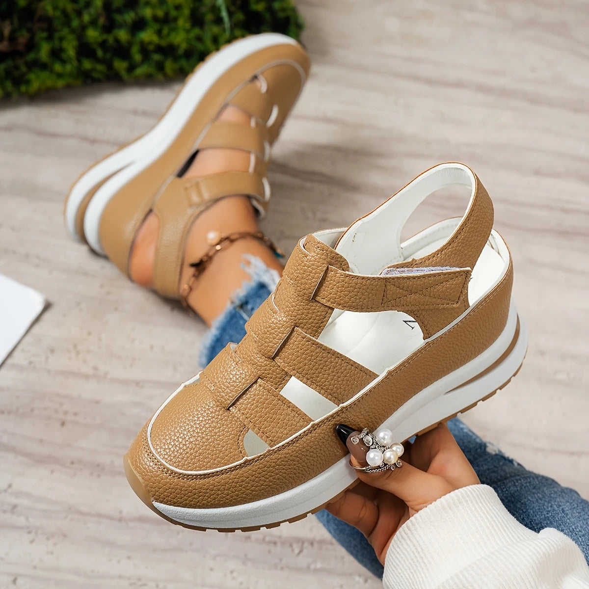 Closed Toe Hollow Breathable Adjustable Hook Loop Wedge Casual Sneaker Sandals