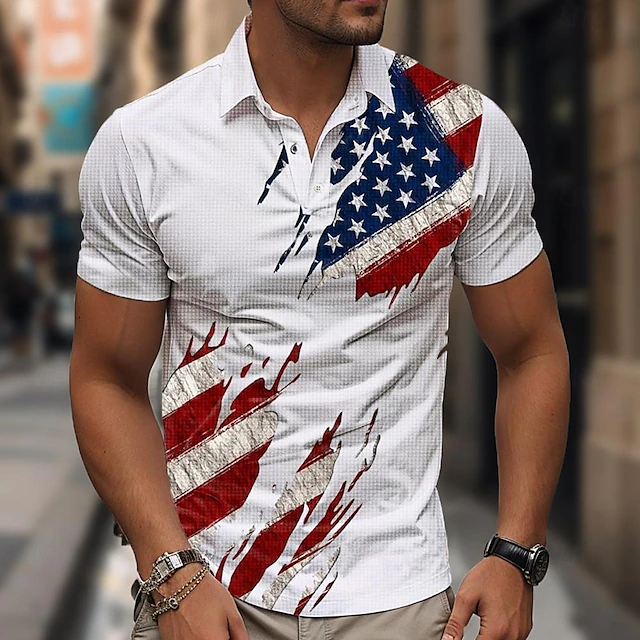 Men's Patriotic American Flag Print Short Sleeve Polo Shirt for Independence Day