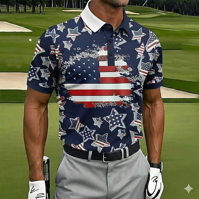 American Flag Themed Men's Polo Shirt, Moisture Wicking Short Sleeve Golf Shirt for Independence Day & Outdoor Activities