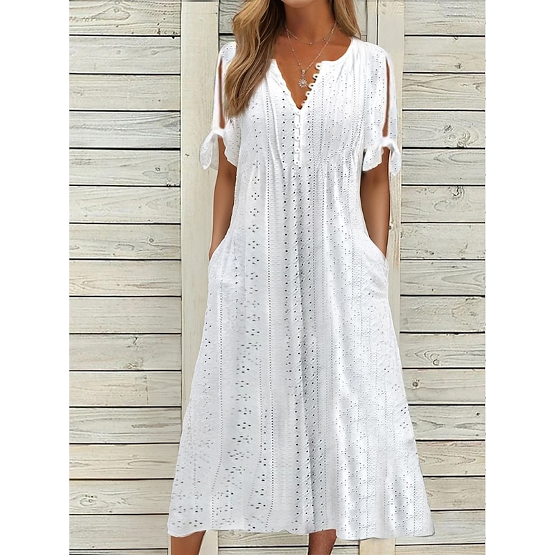 Cottagecore Hollow Out Embroidery Swing Dress, Lightweight Breathable Resort Fashion Dress