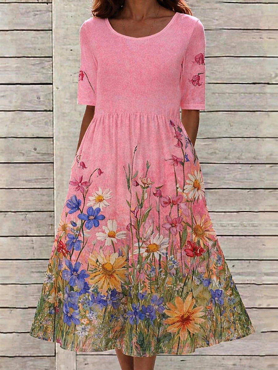 Ladies Gathered Waist Floral Midi Dress, Round Neck Half Sleeve Loose Fit Daily Wear Swing Dress with Convenient Pockets