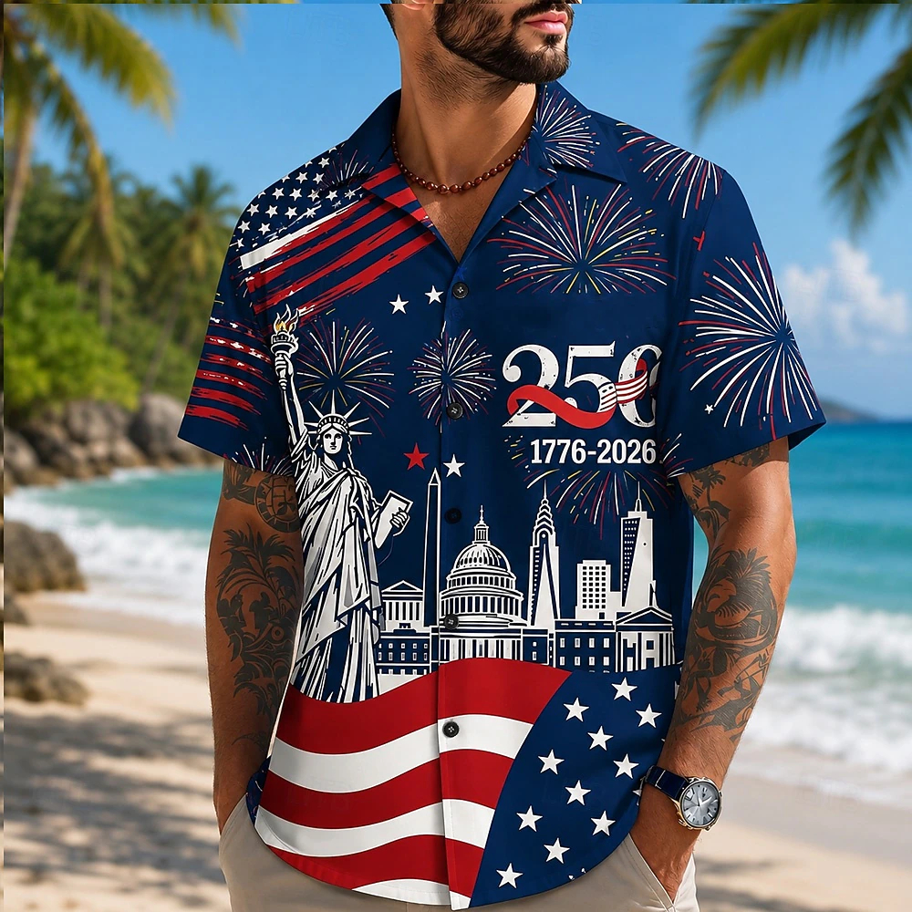Statue Of Liberty USA Flag 250th Anniversary Men Short Sleeve Hawaiian Shirt
