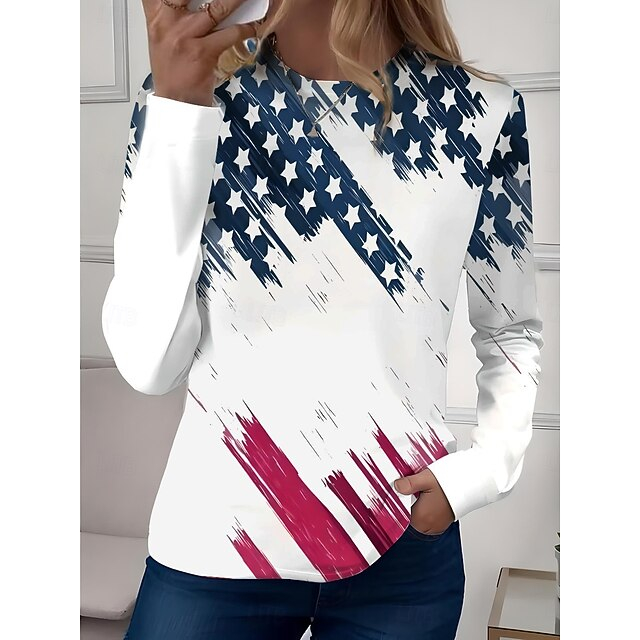 Vintage Distressed American Flag Style Print Women's Long Sleeve Crew Neck T-Shirt For Everyday Wear