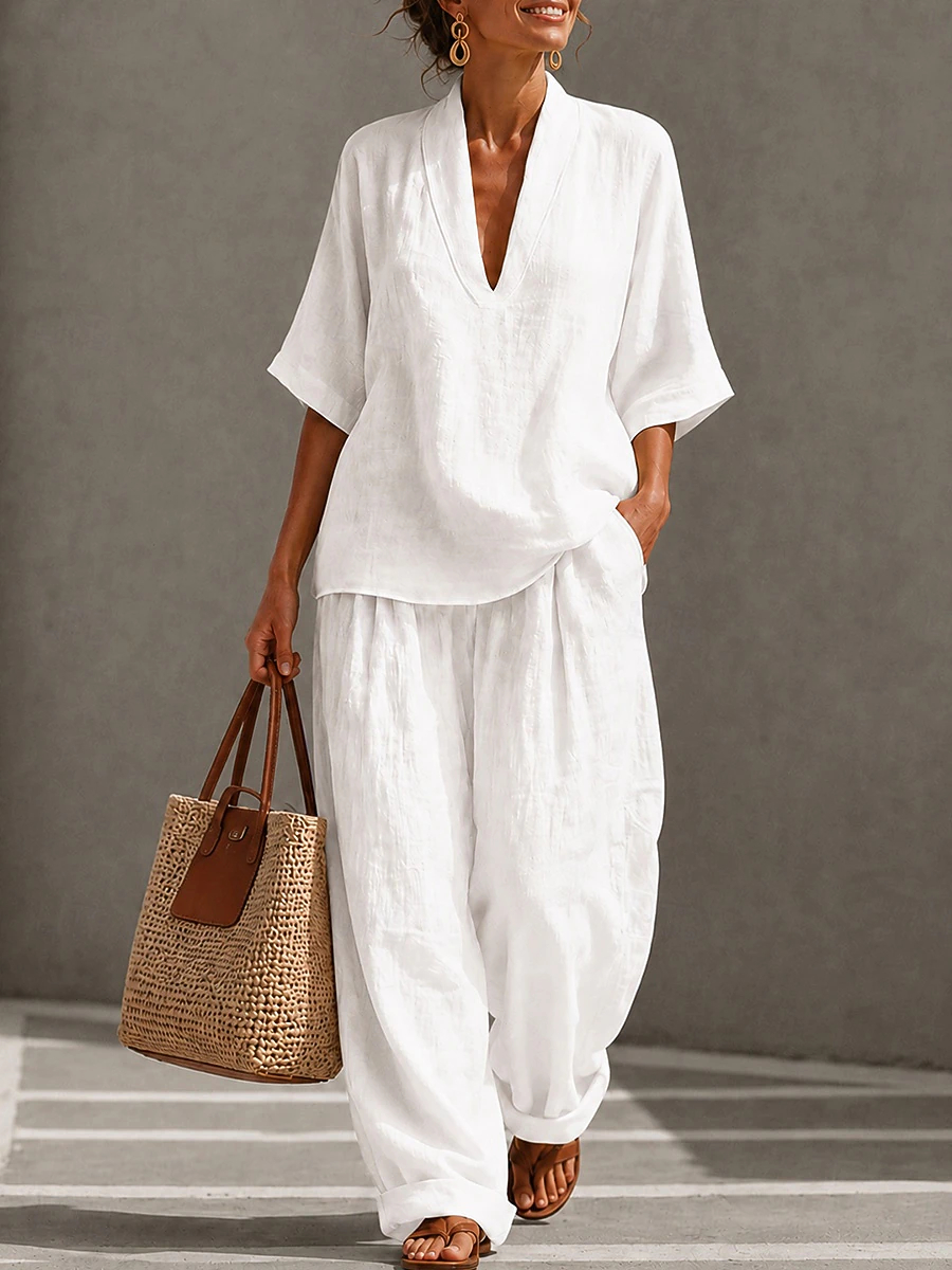 Ladies Oversized Batwing Sleeve Linen Top & Pocket Wide Leg Pants, Daily Wear Matching Outfit Set