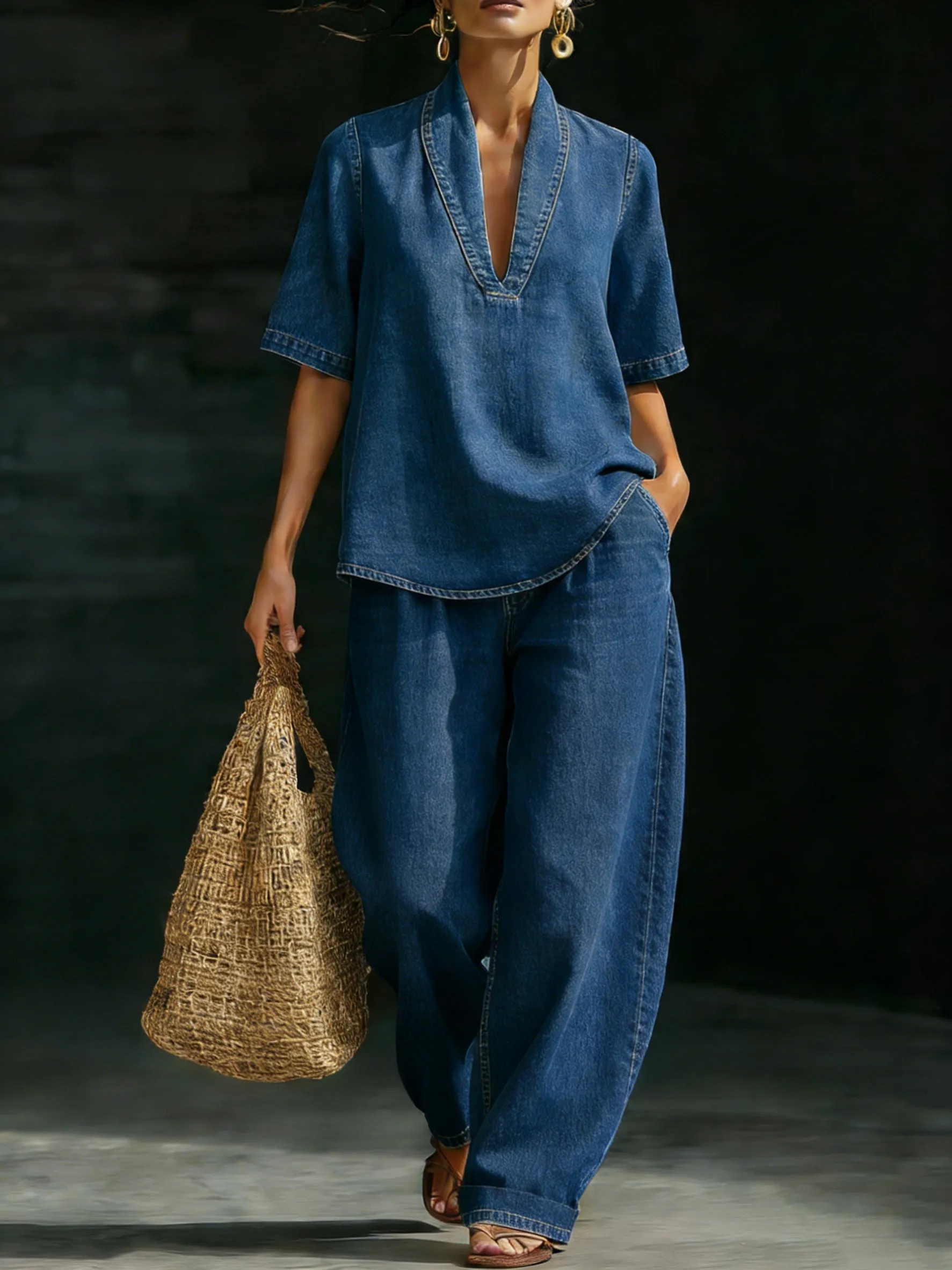⏰ LAST DAY SAVE 50% 💥Women’s Denim V-Neck Top & Barrel-Leg Pants Set – Light Wash Two-Piece Co-Ord