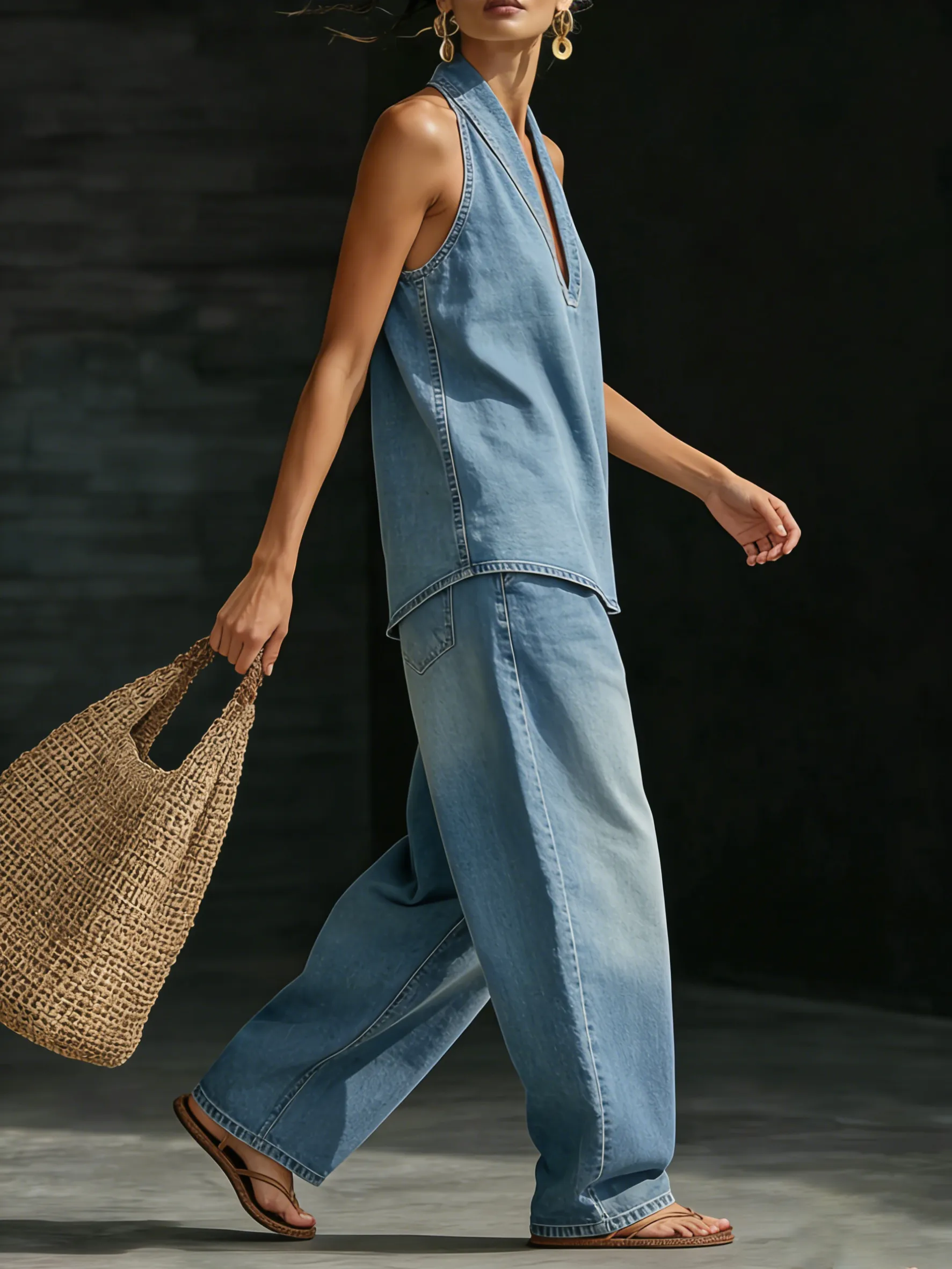 Women’s Denim Halter Top & Wide-Leg Pants Set – Vintage Wash Two-Piece Casual Co-Ord