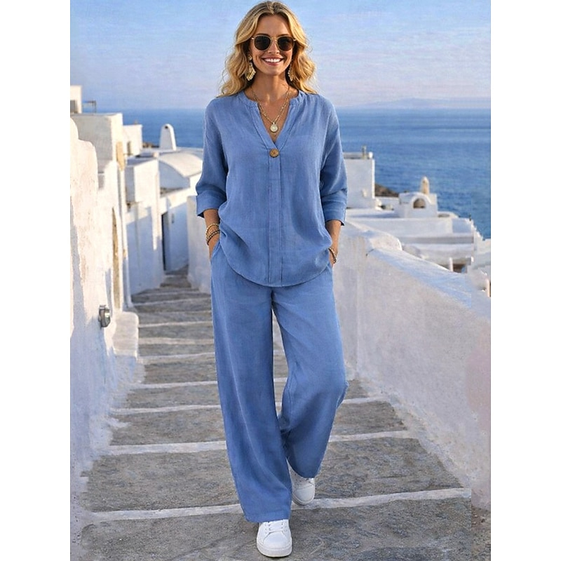 Loose Fit Beach Travel Two Piece Linen Set, Oversized 3/4 Sleeve Blouse with Pocket Wide Leg Casual Pants