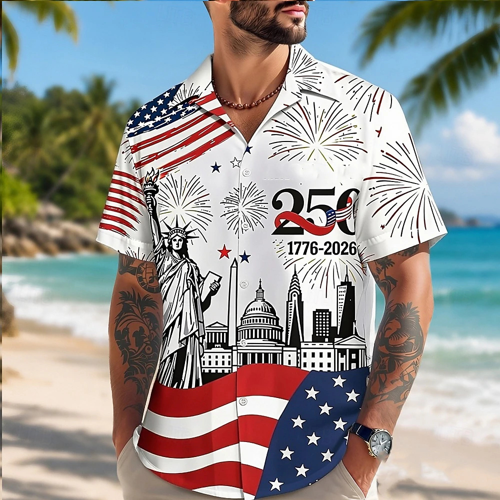 Statue Of Liberty USA Flag 250th Anniversary Men Short Sleeve Hawaiian Shirt