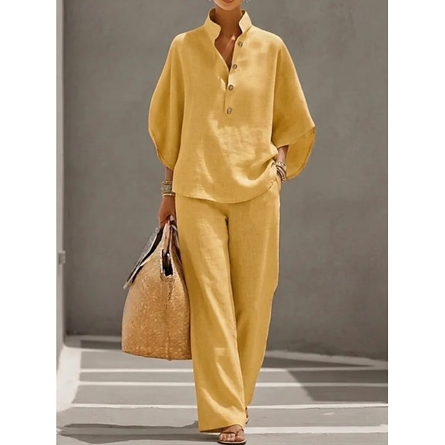 Ladies Oversized Batwing Sleeve Linen Top & Pocket Wide Leg Pants, Daily Wear Matching Outfit Set