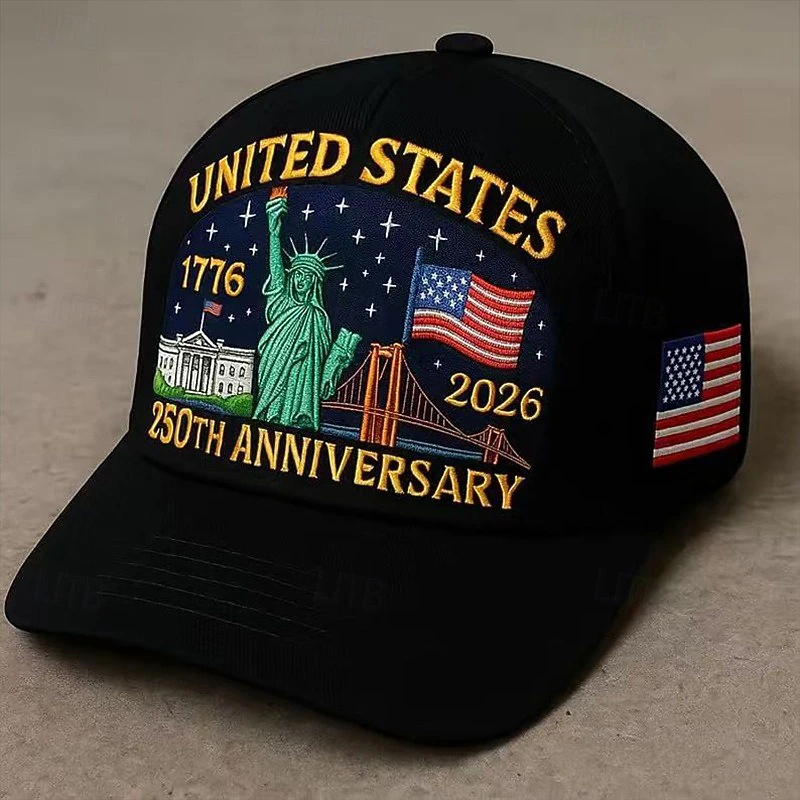 Patriotic 250th Anniversary 1776-2026 Adjustable Baseball Cap with American Flag Embroidery
