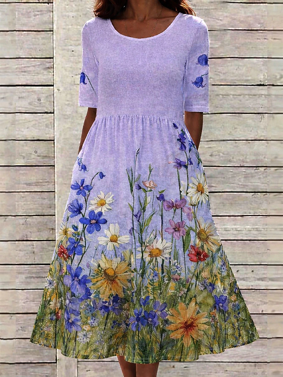Ladies Gathered Waist Floral Midi Dress, Round Neck Half Sleeve Loose Fit Daily Wear Swing Dress with Convenient Pockets