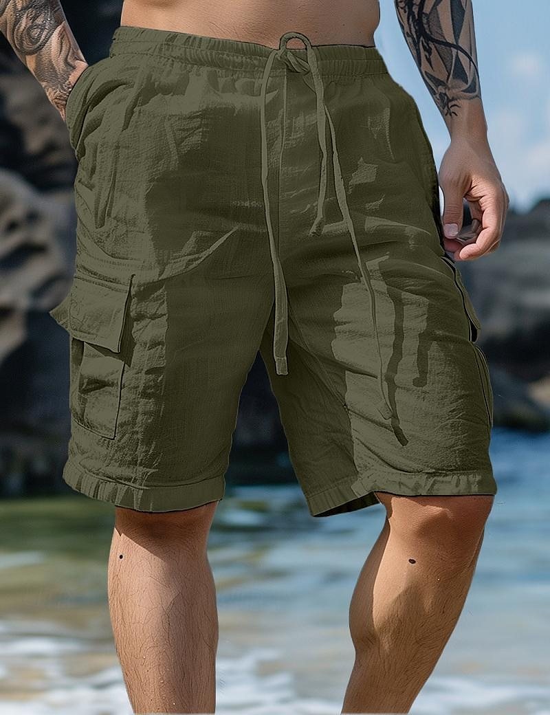 Lightweight Rolled Hem Knee Length Men Beach Cargo Shorts with Side Poc