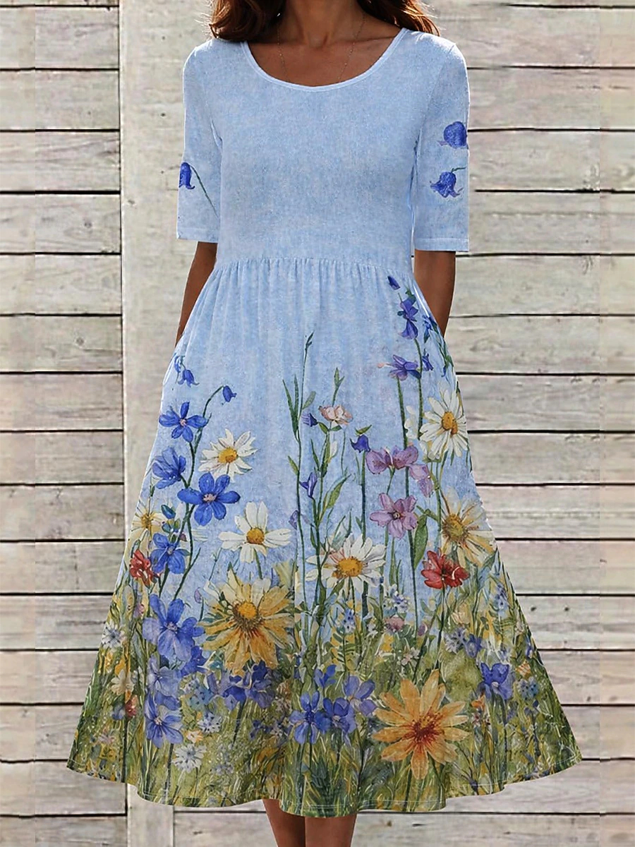 Ladies Gathered Waist Floral Midi Dress, Round Neck Half Sleeve Loose Fit Daily Wear Swing Dress with Convenient Pockets