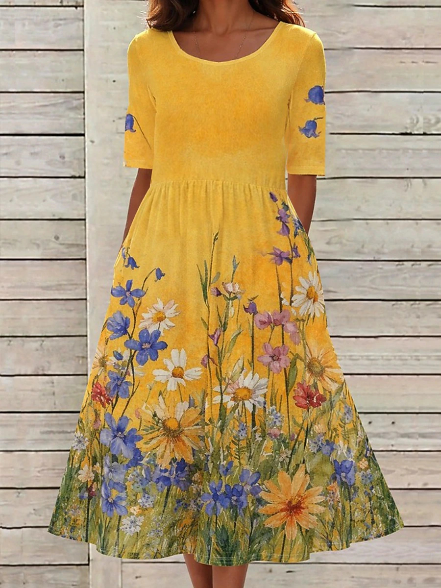 Ladies Gathered Waist Floral Midi Dress, Round Neck Half Sleeve Loose Fit Daily Wear Swing Dress with Convenient Pockets