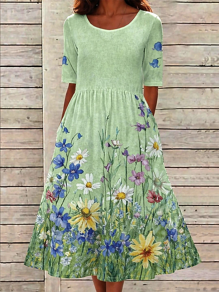 Ladies Gathered Waist Floral Midi Dress, Round Neck Half Sleeve Loose Fit Daily Wear Swing Dress with Convenient Pockets