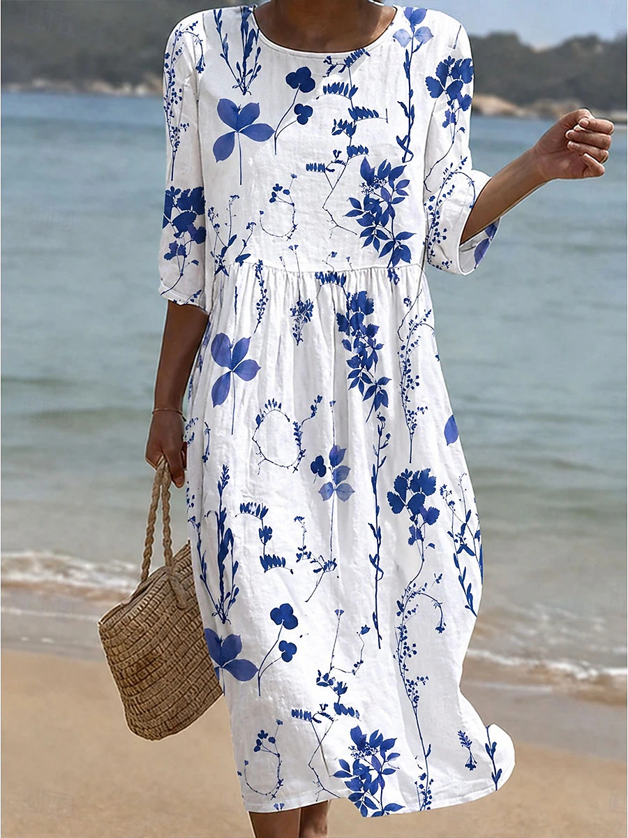 Summer Vacation Floral Swing Midi Dress Ladies Relax Fit 3/4 Sleeve Casual Dress