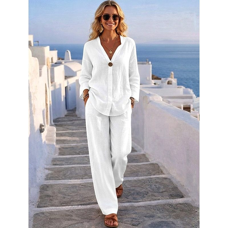 Loose Fit Beach Travel Two Piece Linen Set, Oversized 3/4 Sleeve Blouse with Pocket Wide Leg Casual Pants