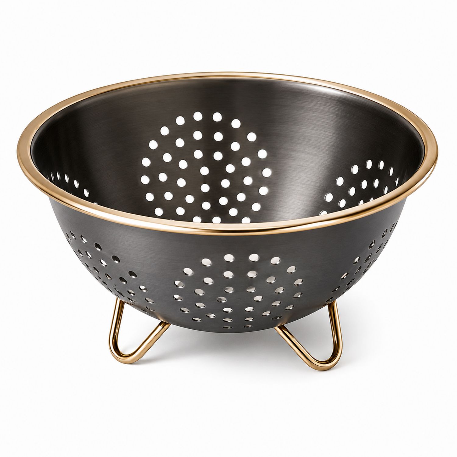 Schwarzes Sieb mit goldenen Akzenten und Fuß