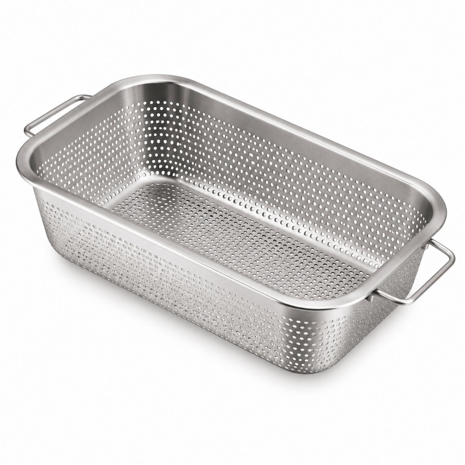 Rechteckiges Abtropfsieb aus Silber mit Griffen, 40x25 cm