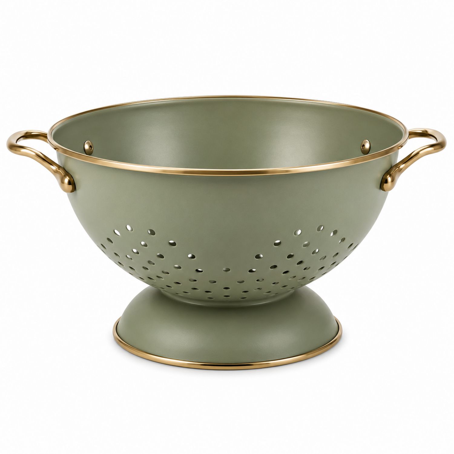 Elegantes Metallsieb in Olivgrün mit goldenen Griffen