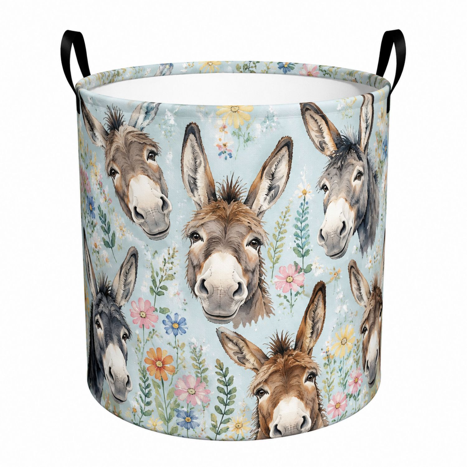 Runder Wäschekorb mit Esel- und Blumenmotiv, Blau, 50L