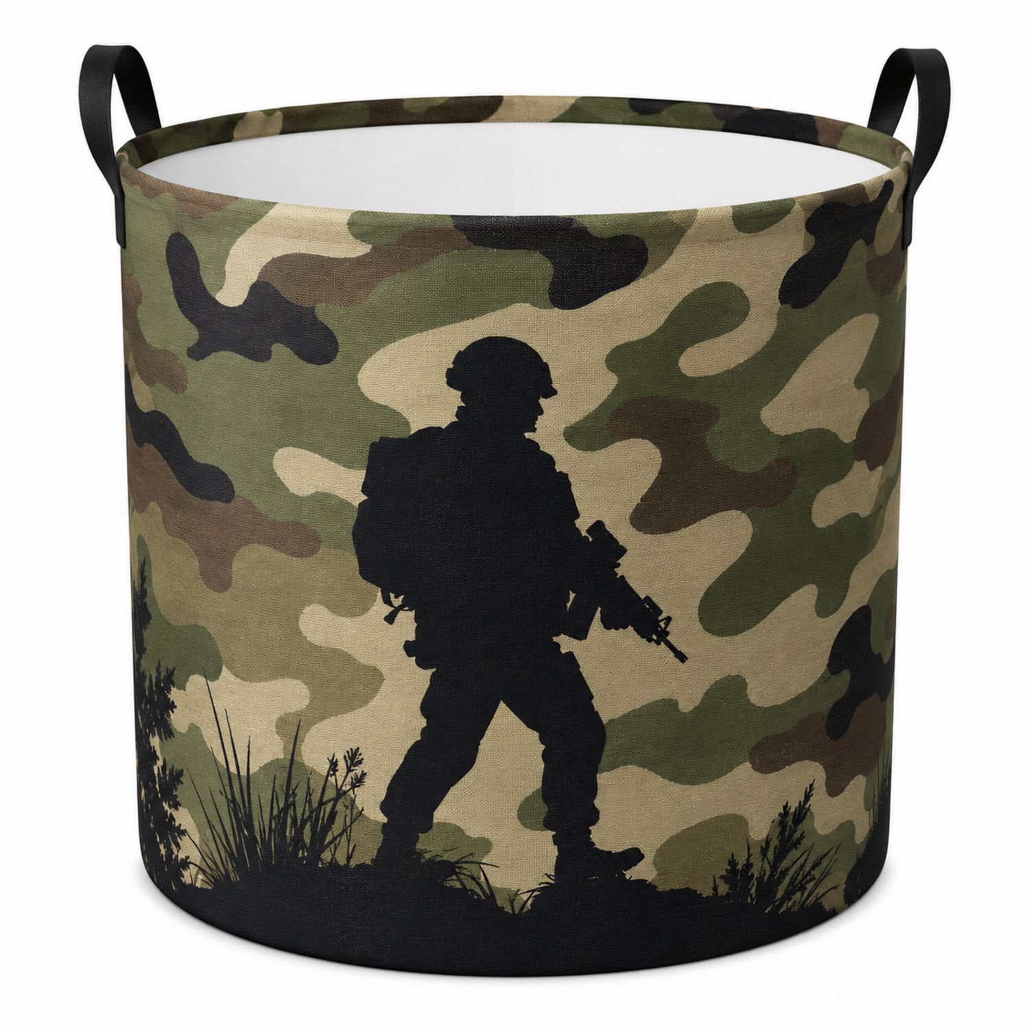 Großer faltbarer Wäschekorb mit Tarnmuster und Soldaten-Silhouette