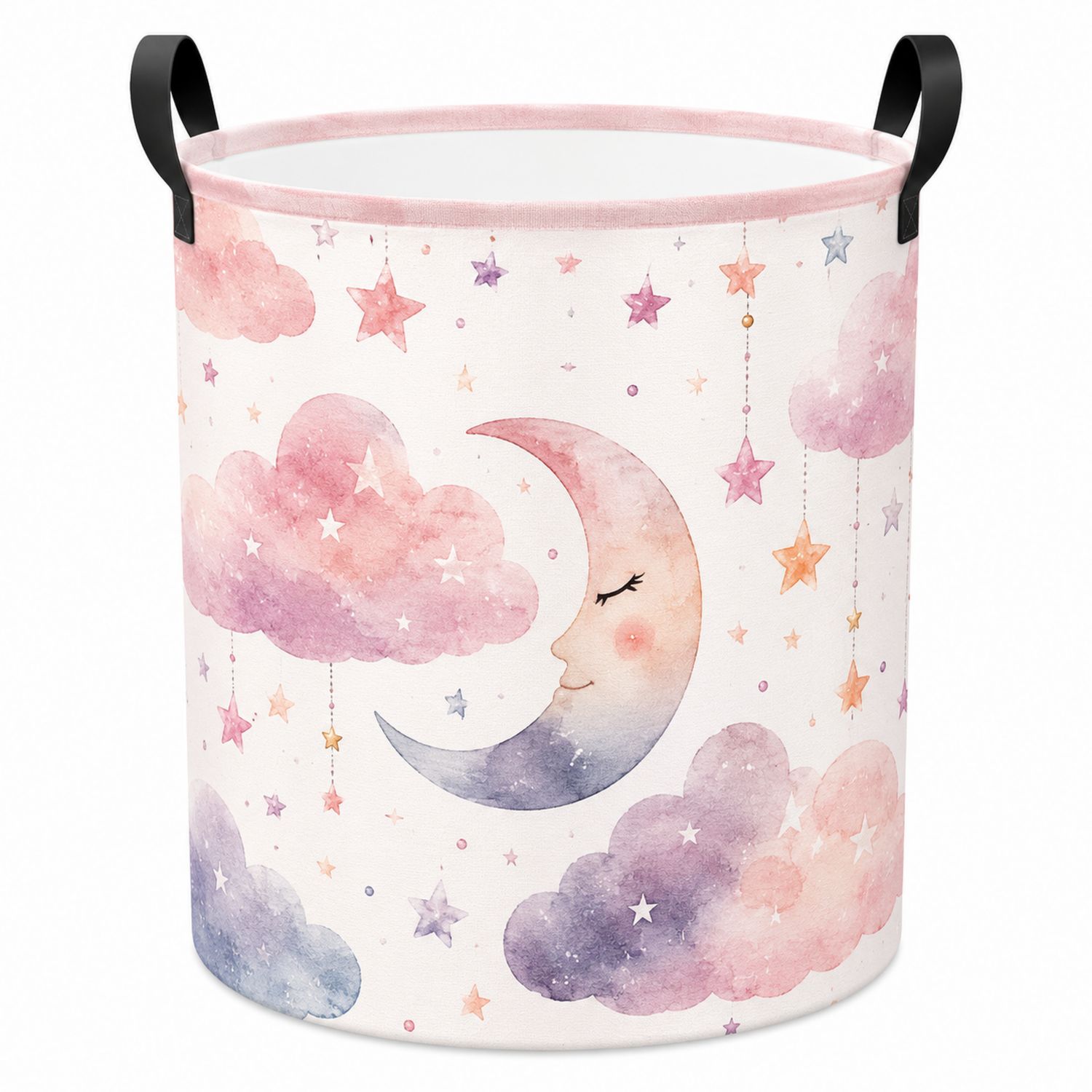 Faltbarer Runder Wäschekorb mit Mond-und-Sterne-Motiv, Rosa/Bunt, 30L