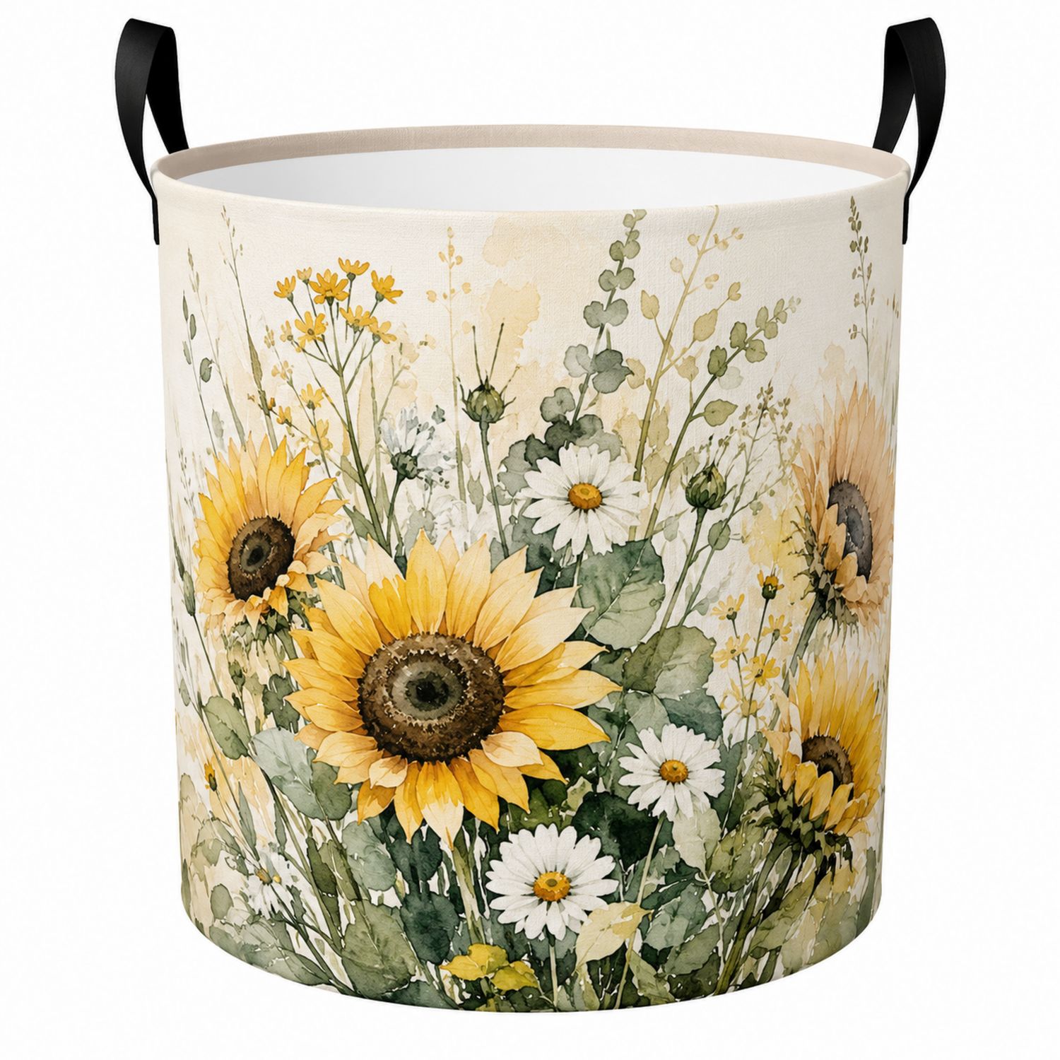 Runder Faltbarer Aufbewahrungskorb mit Sonnenblumenmotiv, Beige/Grün/Gelb, 35L