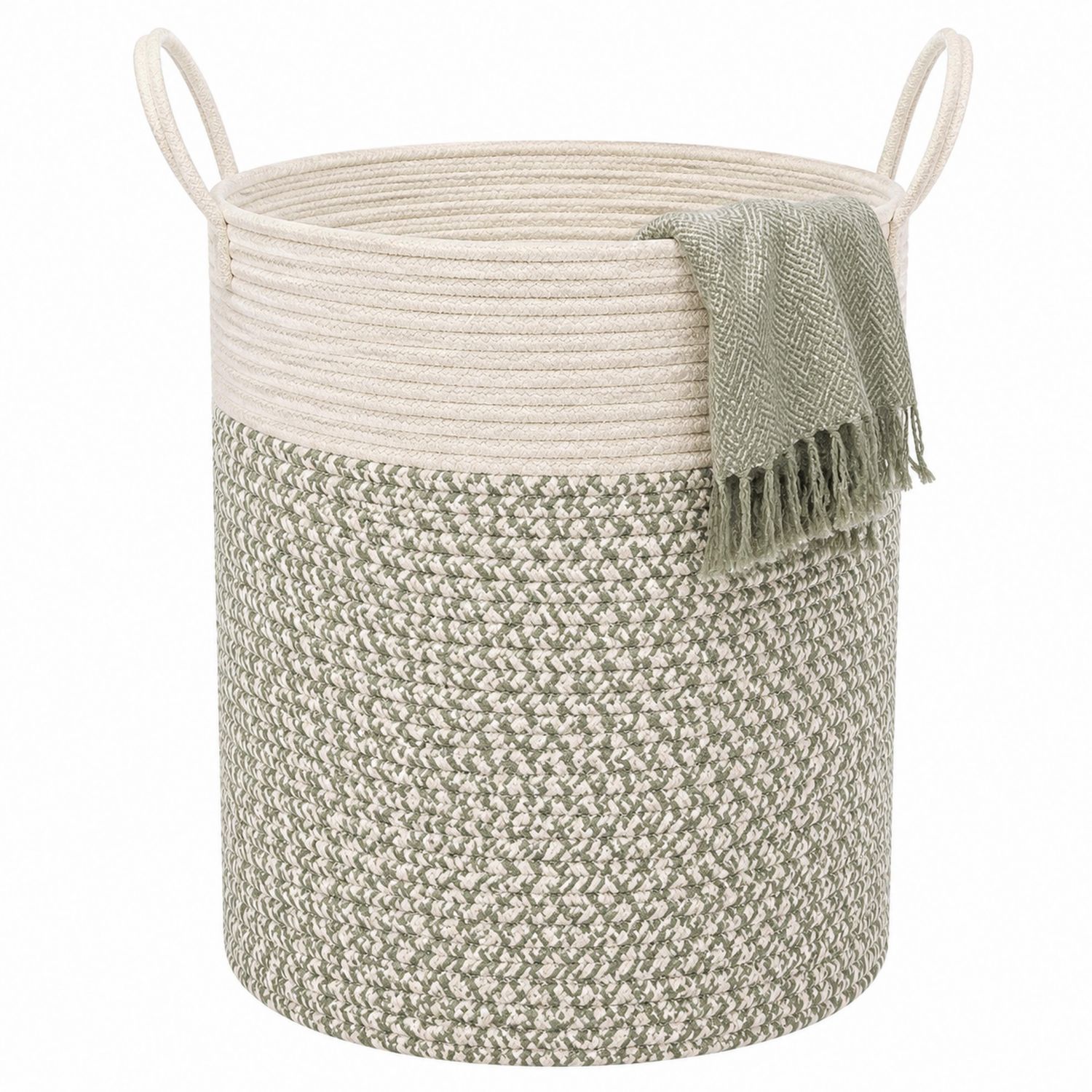 Geflochtener Wäschekorb Beige/Grün mit Griffen