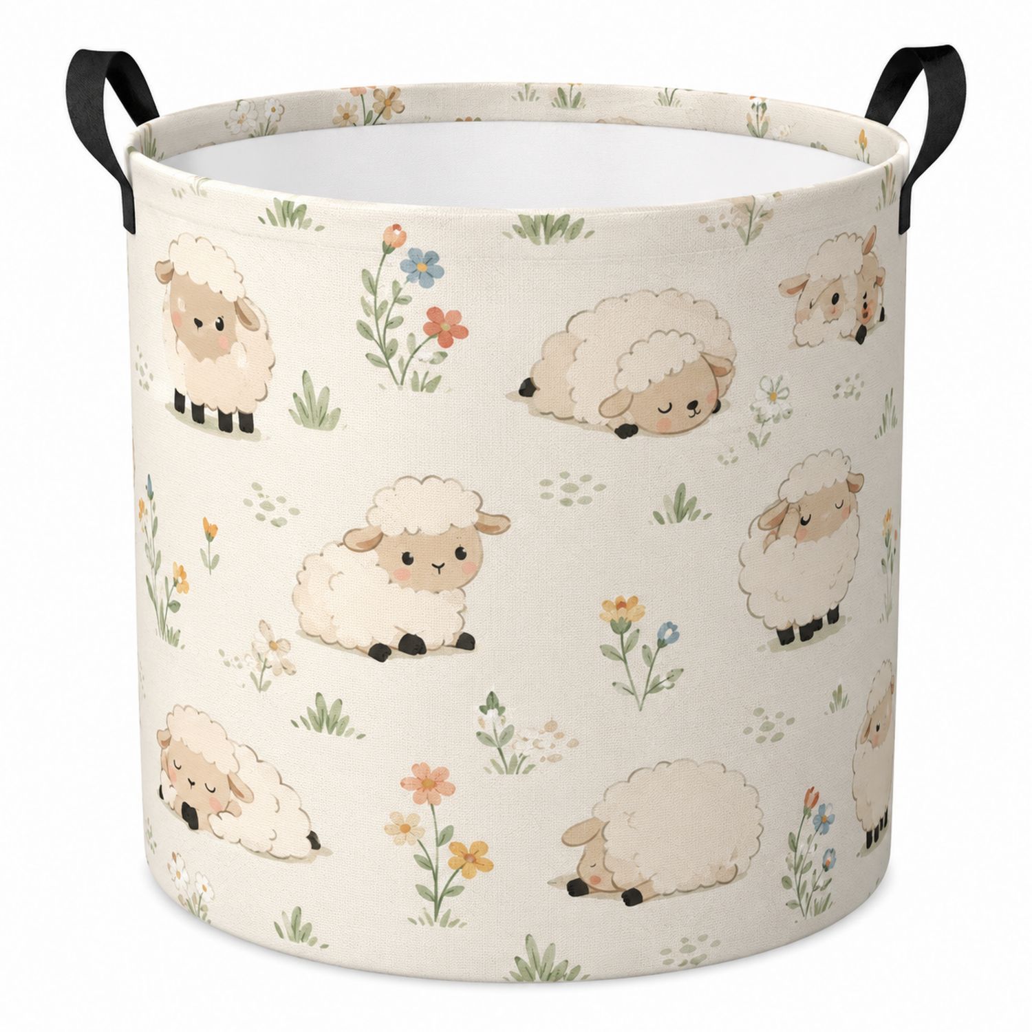 Runder Faltbarer Wäschekorb mit Schafmotiv, Beige