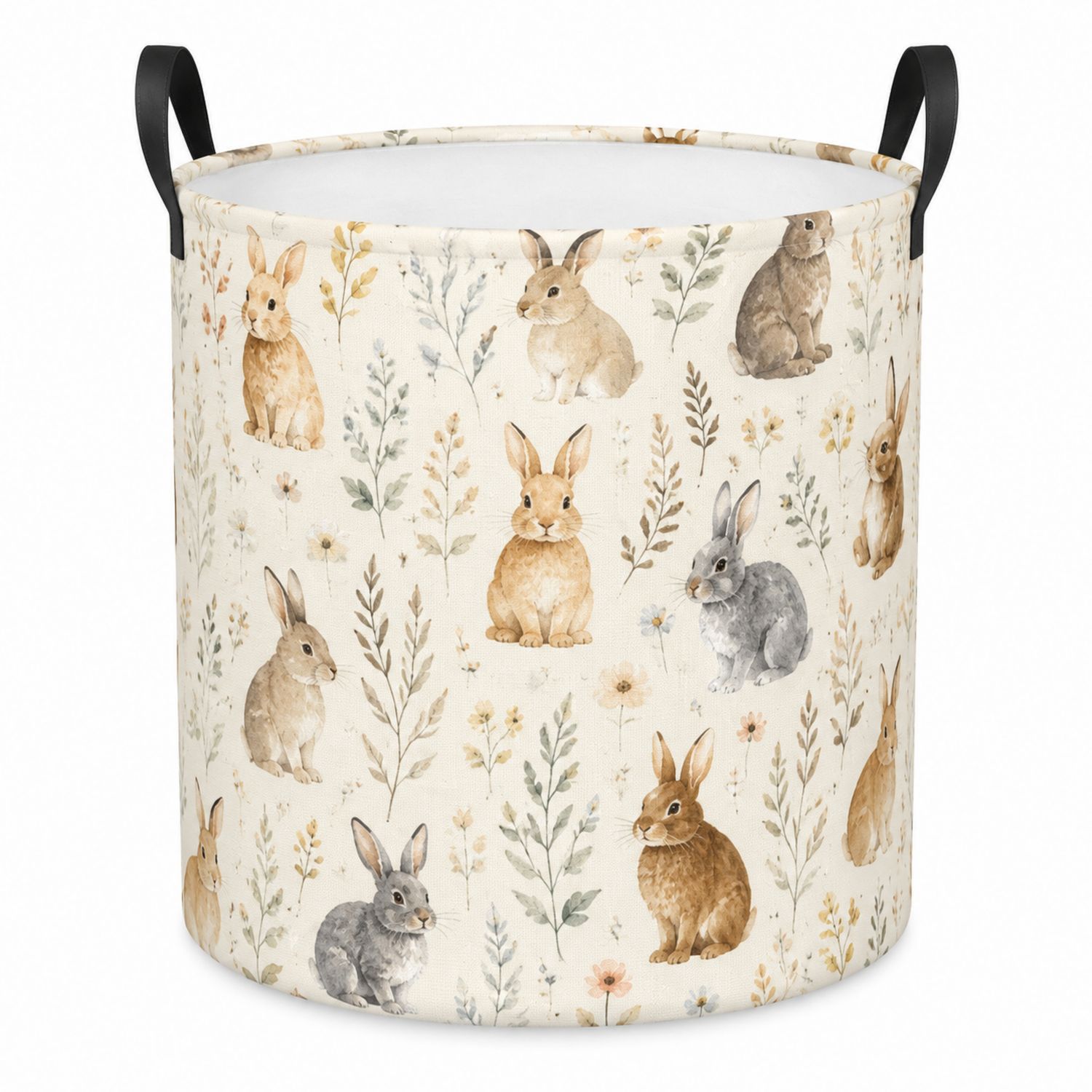 Runder Wäschekorb mit Kaninchenmuster, Beige/Braun/Grau, 50L