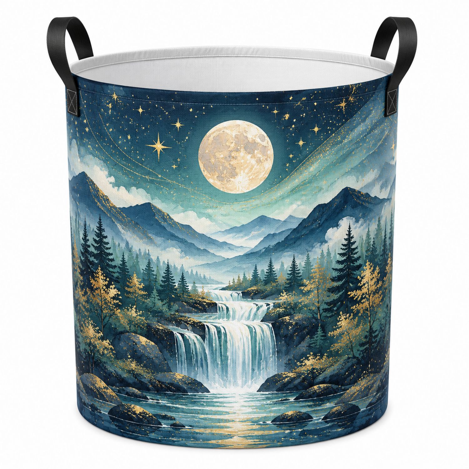 Runder Wäschekorb 60L mit Mond- und Landschaftsmotiv, Blau/Weiß/Gold