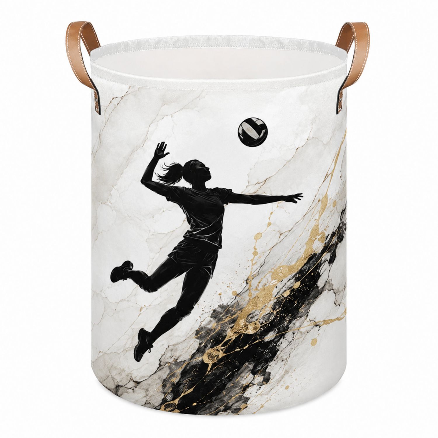 Wäschekorb mit Volleyball-Motiv und Ledergriffen, 50L
