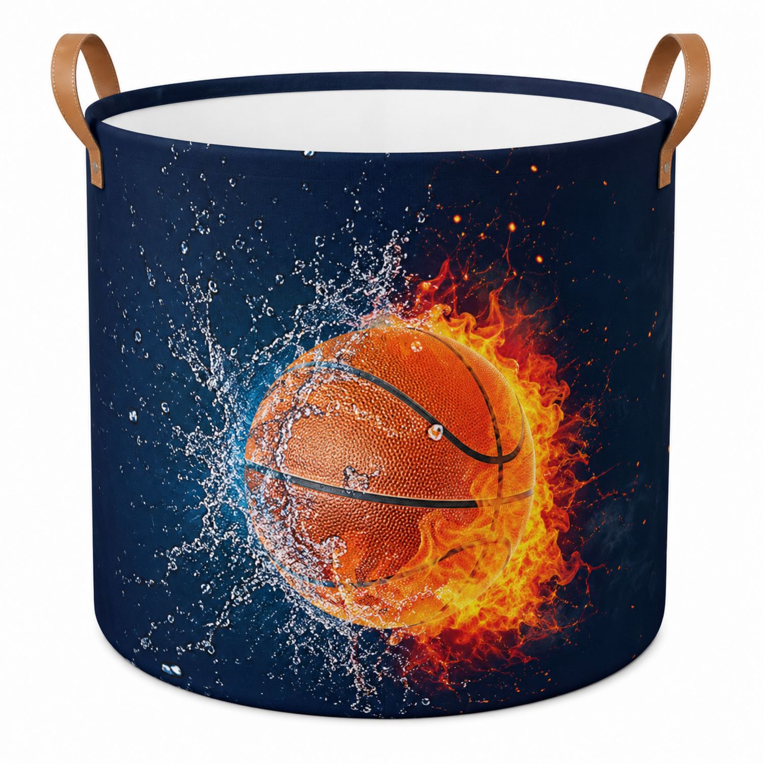 Runder faltbarer Wäschekorb mit Feuer- und Basketball-Design, dunkelblau/orange, 60L